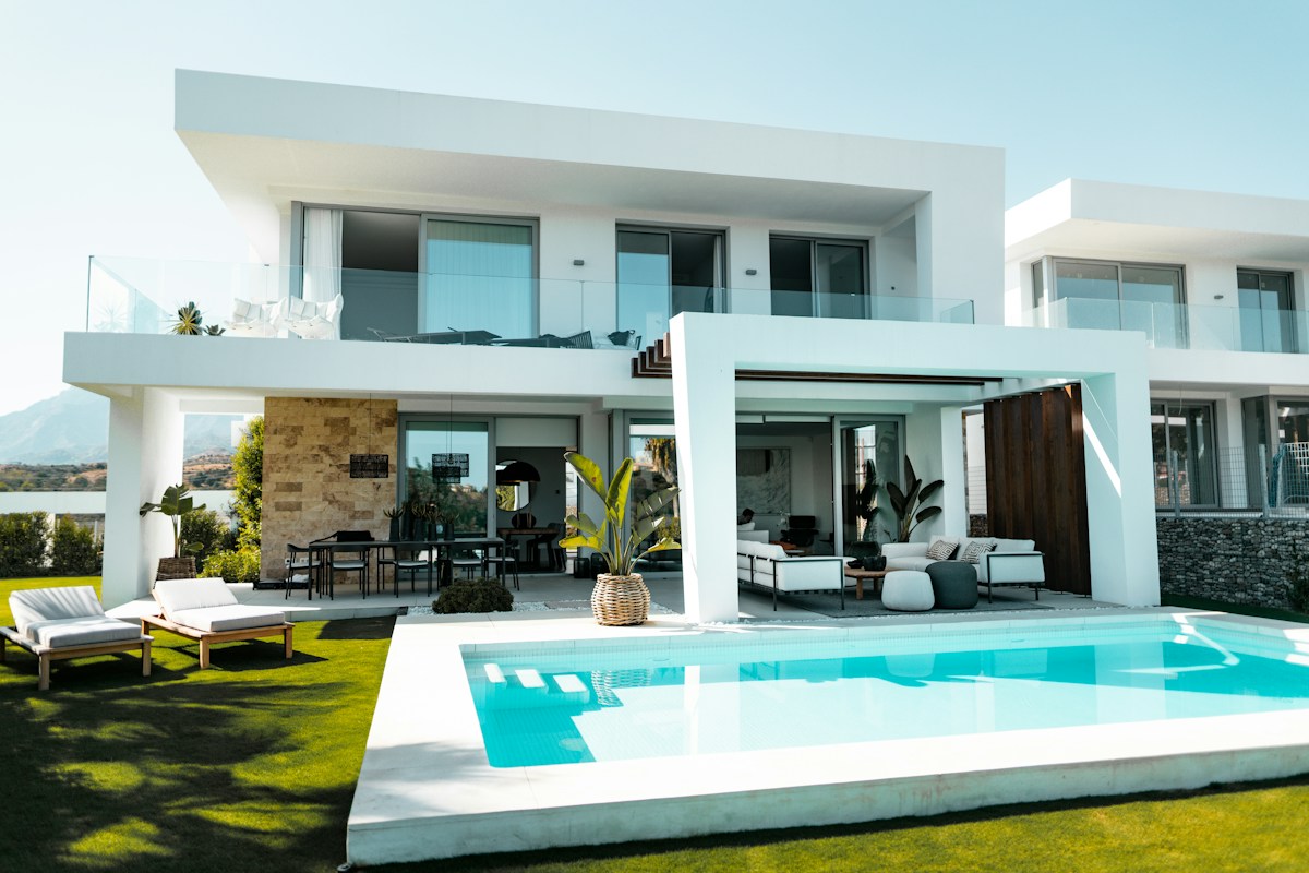 Architectural detail of a contemporary home with warm lighting